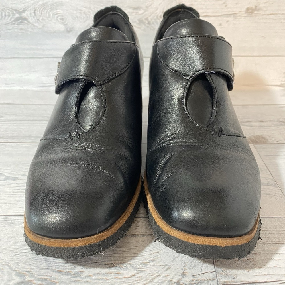 Earth Zanza Booties Womens 7.5 B Black Soft Leather Wedge Ankle Boots Hook Loop - Picture 3 of 16